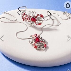 Legendary Lobster Necklace Bracelet Set Complete Look Red Silver